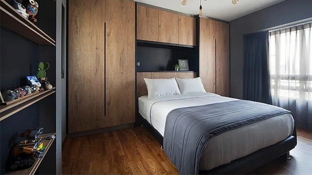 Rustic Luxe Bedroom with Wooden Wardrobes and Cozy Bed Setup