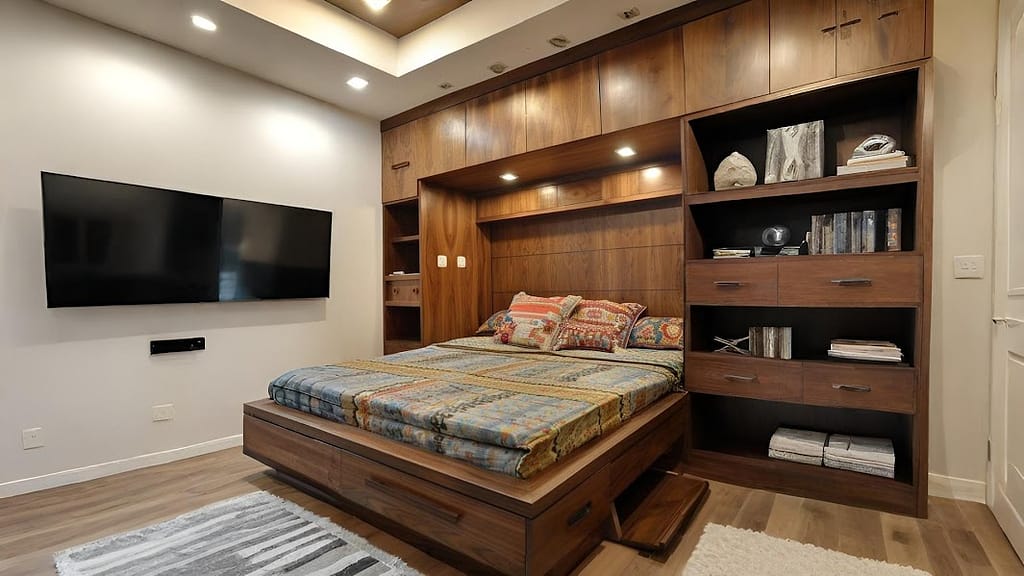 Contemporary Indian Bedroom with Wooden Modular Storage