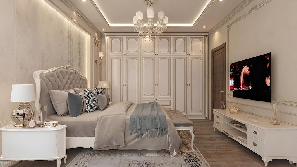 Classic Neoclassical Bedroom with Elegant Wardrobe and Chandelier