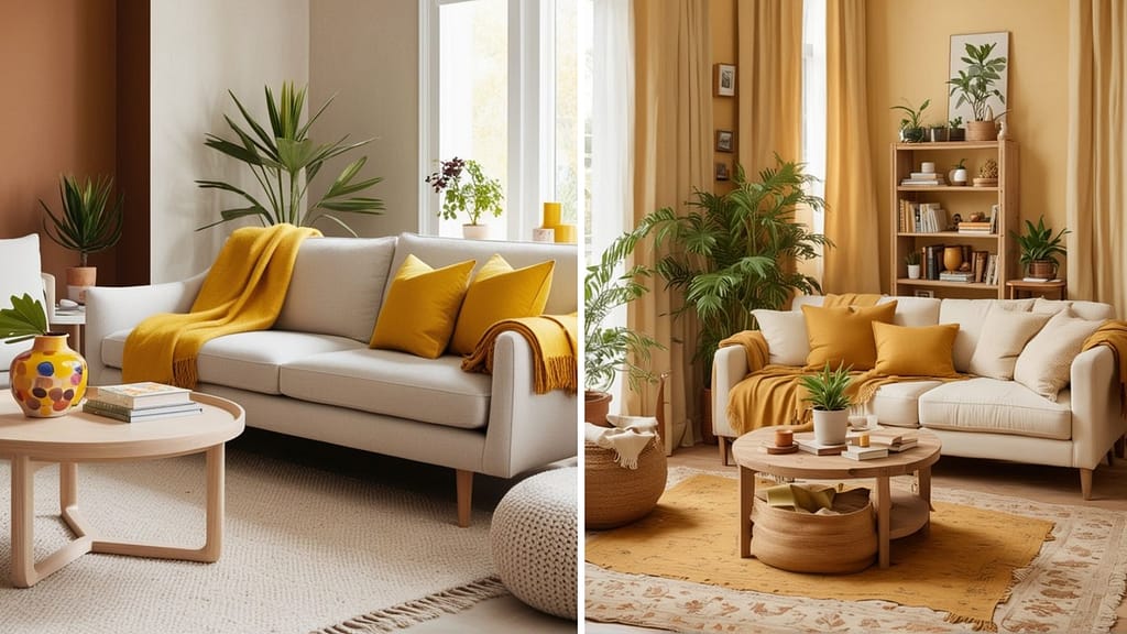 Mustard and beige sofa color combination for modern home interiors