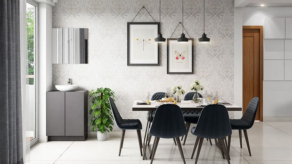 Modern dining area wall decor with framed art and stylish accents