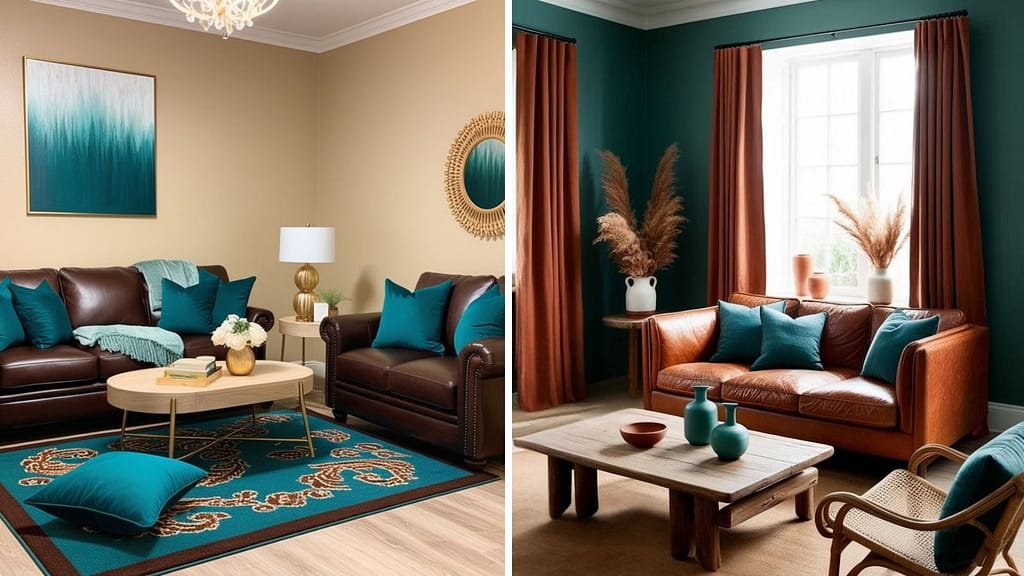 Brown and teal sofa color combination for modern home interiors