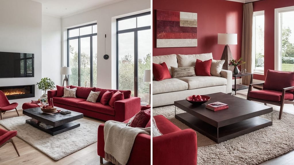 Brown, white and red sofa color combination for modern home interior