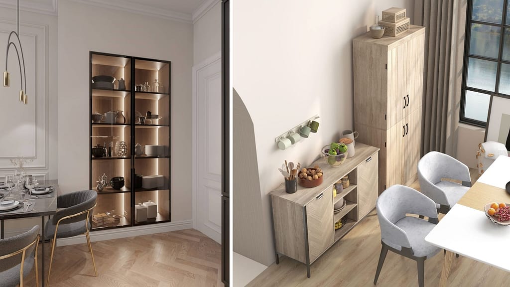Modern dining room with smart storage cabinets and shelves for organized decor