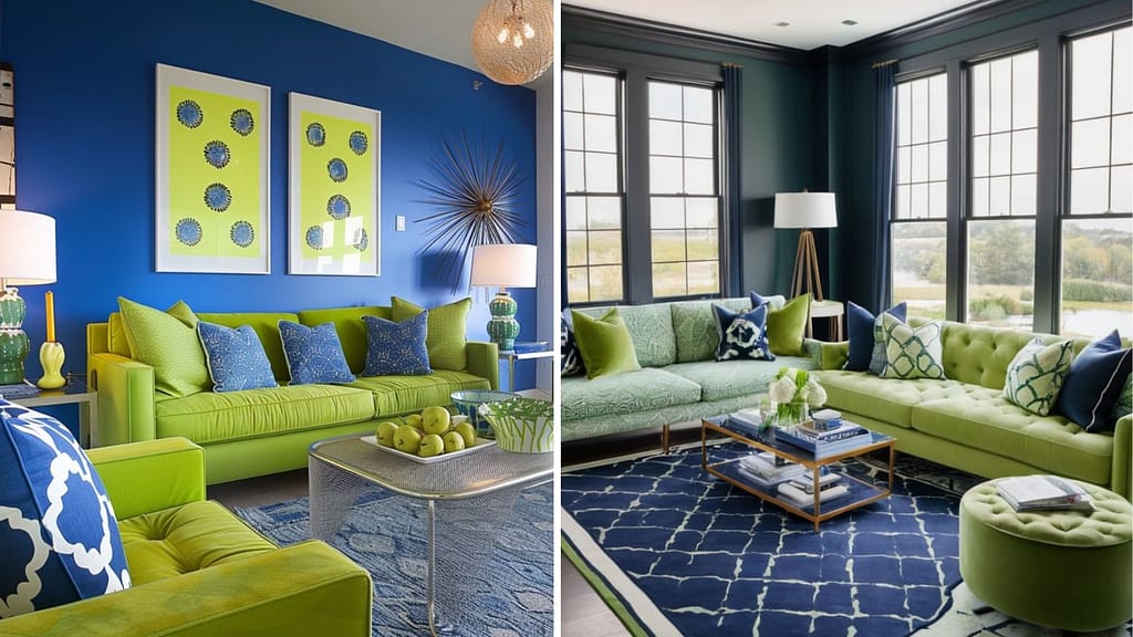 Blue and lime sofa color combination for modern home interiors