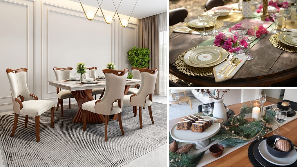 Elegant dining room styled for festivals and gatherings with decorative table settings