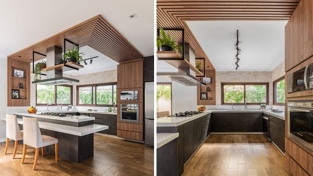 POP and wooden strip kitchen false ceiling design