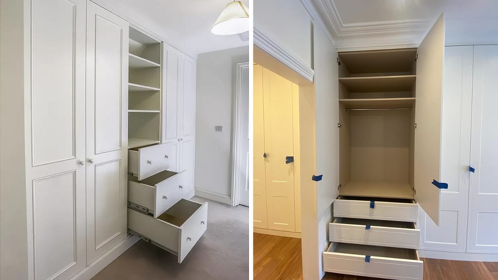 Built-in Wardrobe with Drawer Base Storage and Open Shelving