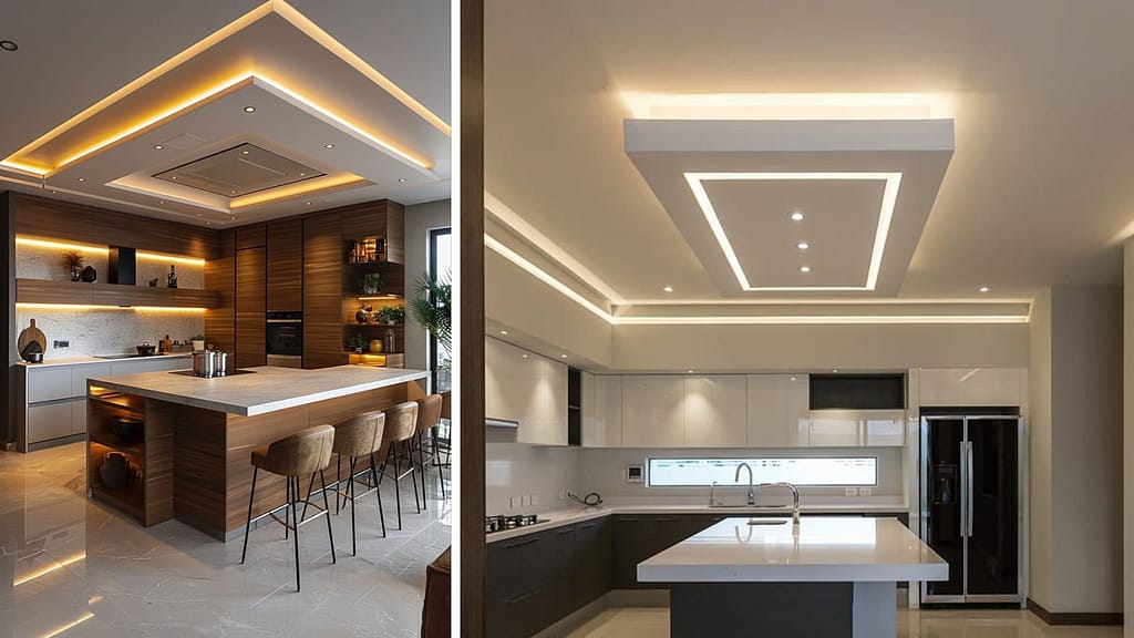 Elegant POP false ceiling design with cove lighting for modern kitchen interiors
