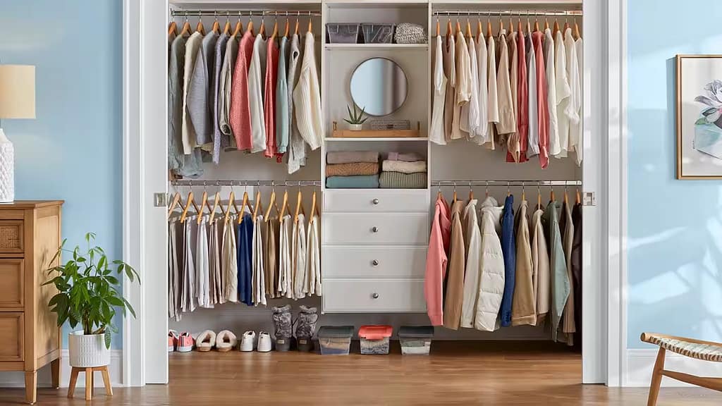 Full-wall Fitted Wardrobe with Organized Hanging and Storage Sections