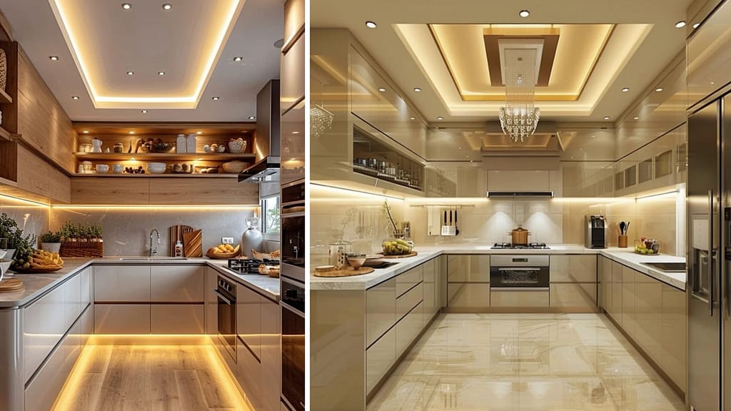 Modern grid-style false ceiling design for contemporary kitchen interiors
