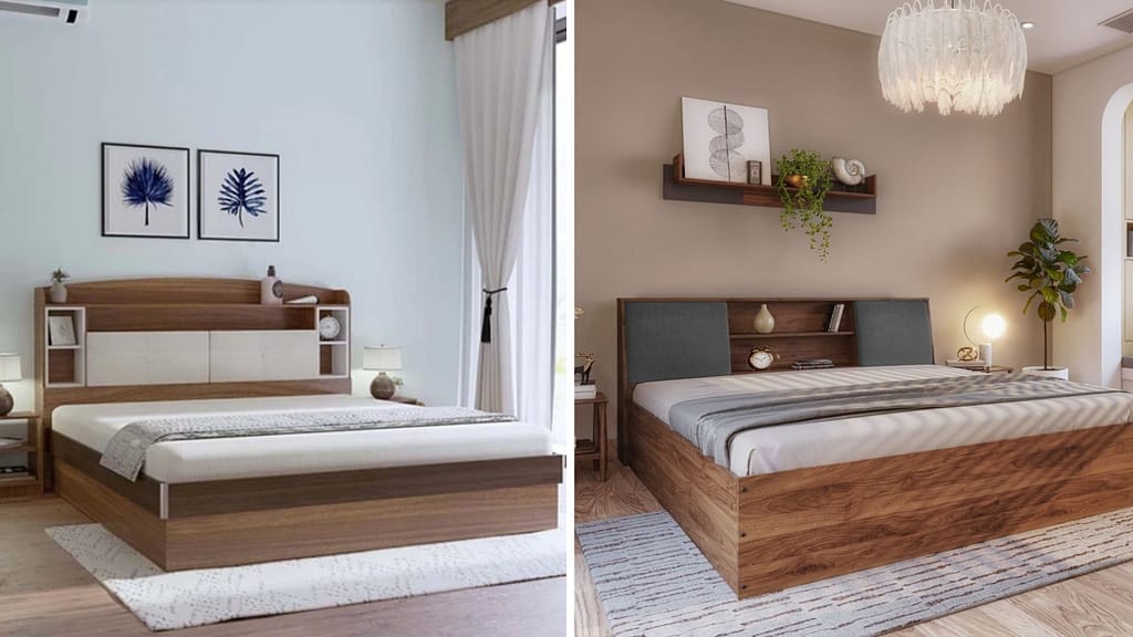 Modern Headboard Bed Designs with Built-in Storage Shelves