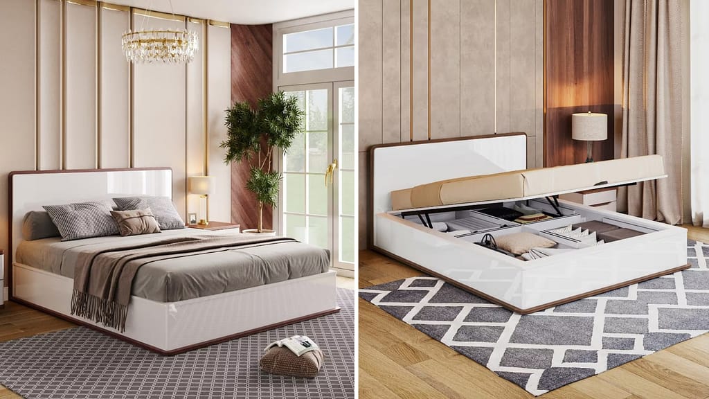 Modern Hydraulic Lift Bed Design with Additional Storage for Couples