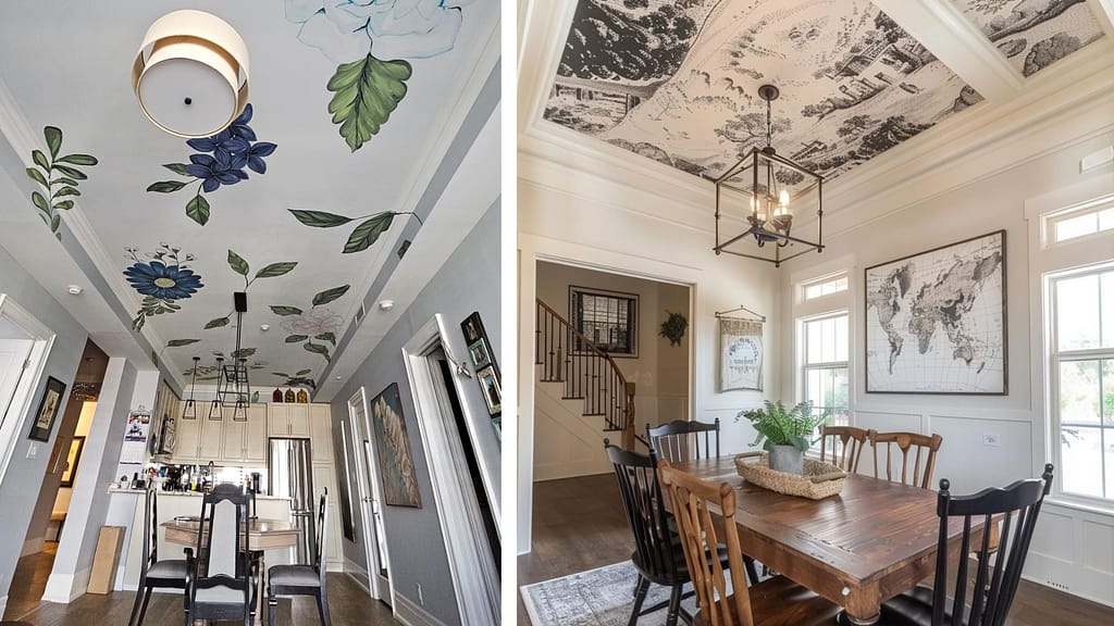 Painted modular kitchen false ceiling design with stylish accent borders