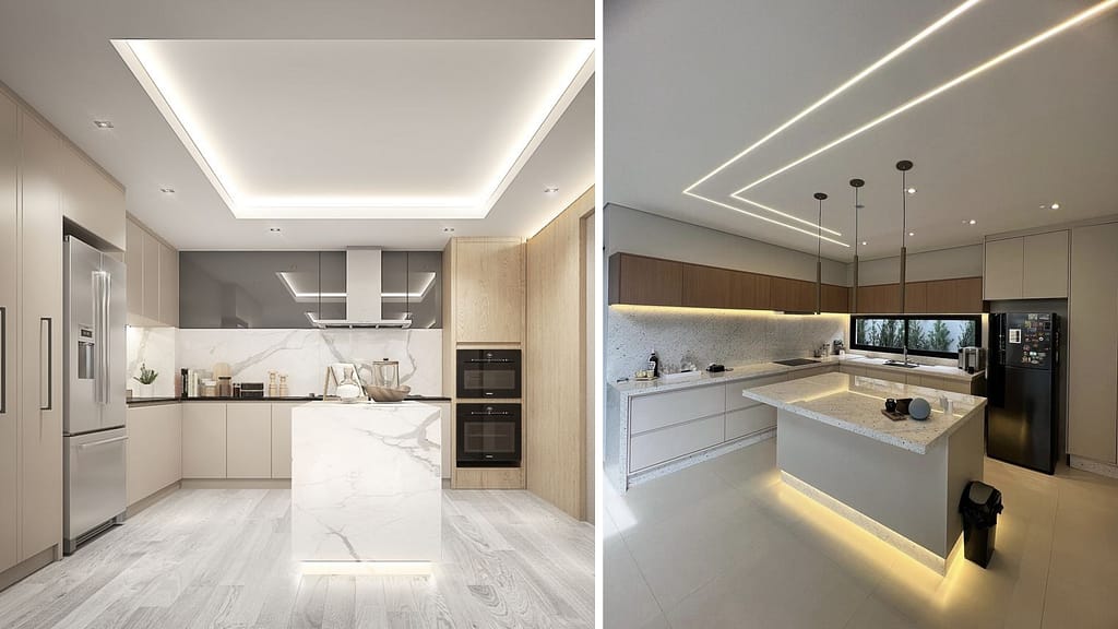 Modern gypsum board false ceiling designs for modular kitchen interiors