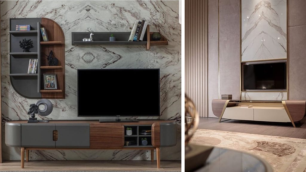 Bulky Entertainment Center with Wall-mounted Tv and Storage Units