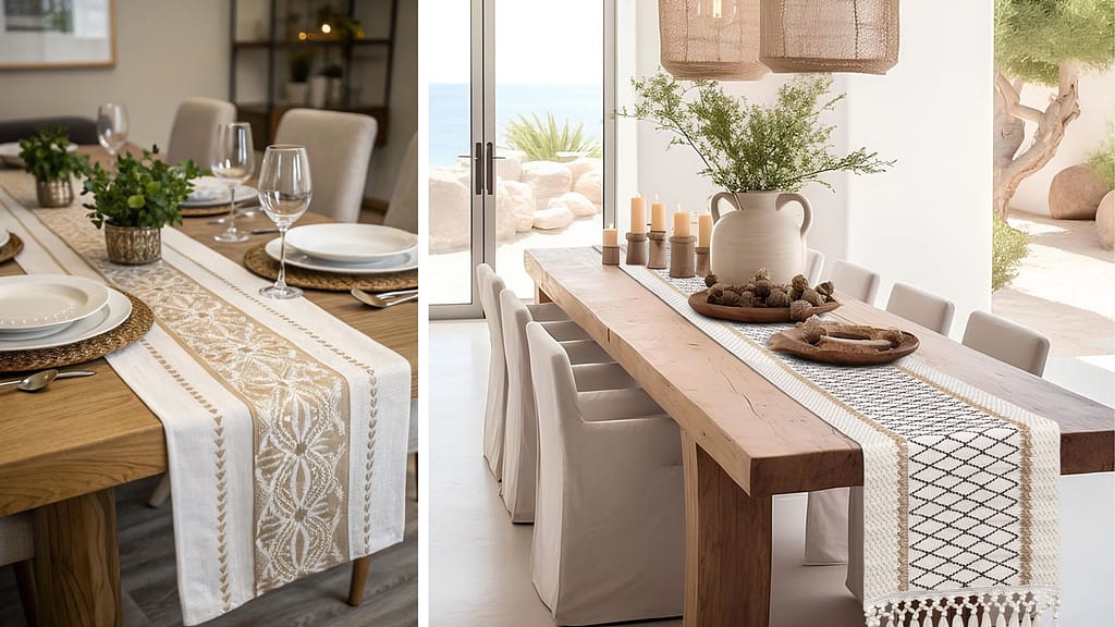 Elegant dining table decor with table runners, plants, and candles