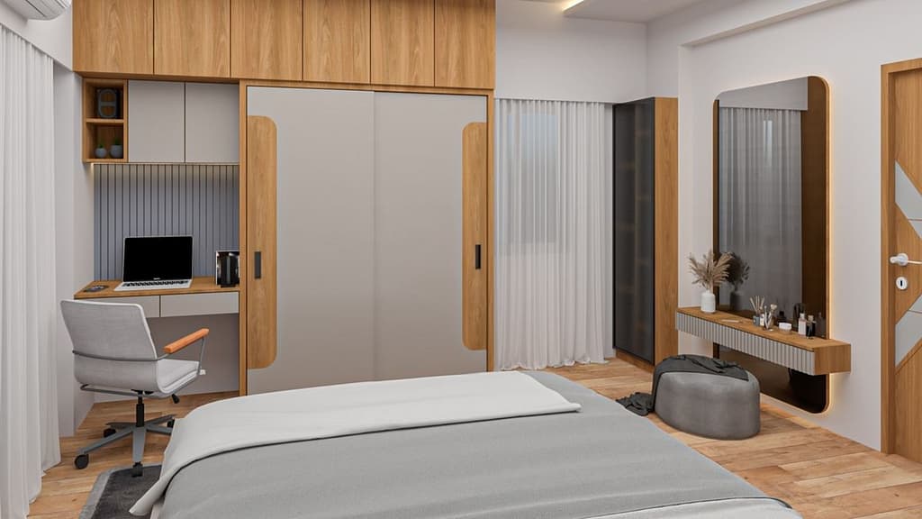 Sliding wardrobe with a consistent material palette