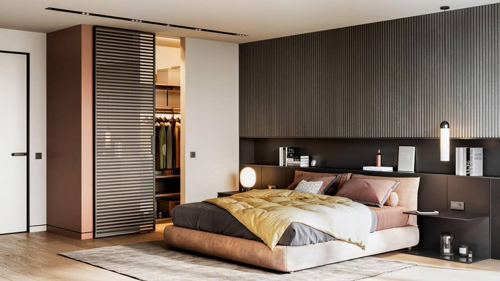 Corner sliding wardrobe design for small apartment bedroom