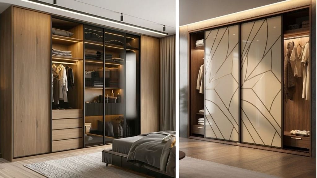 Sliding wardrobe with integrated lighting for small apartment bedrooms