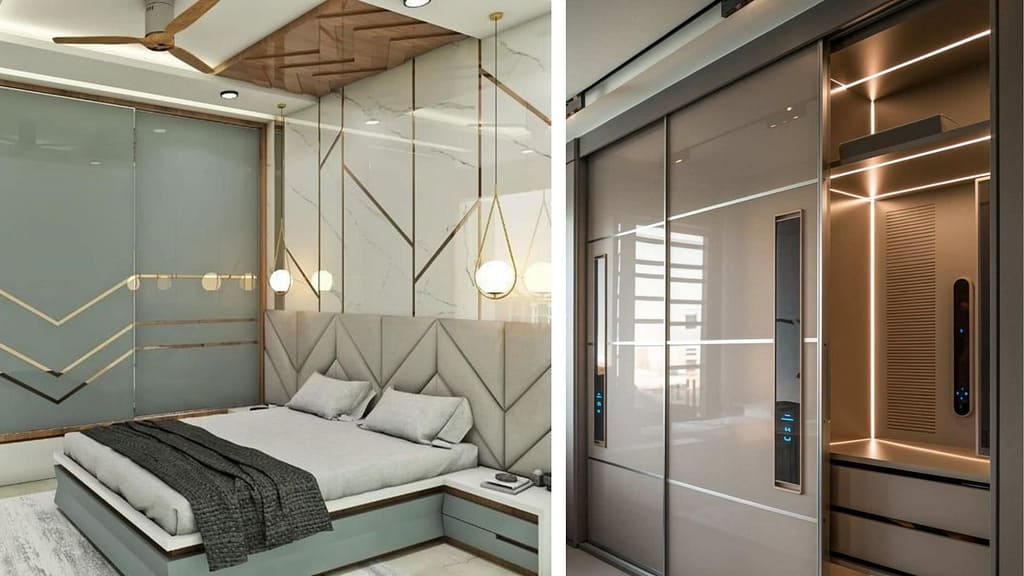 Luxury modern apartment bedroom featuring space-saving sliding wardrobes