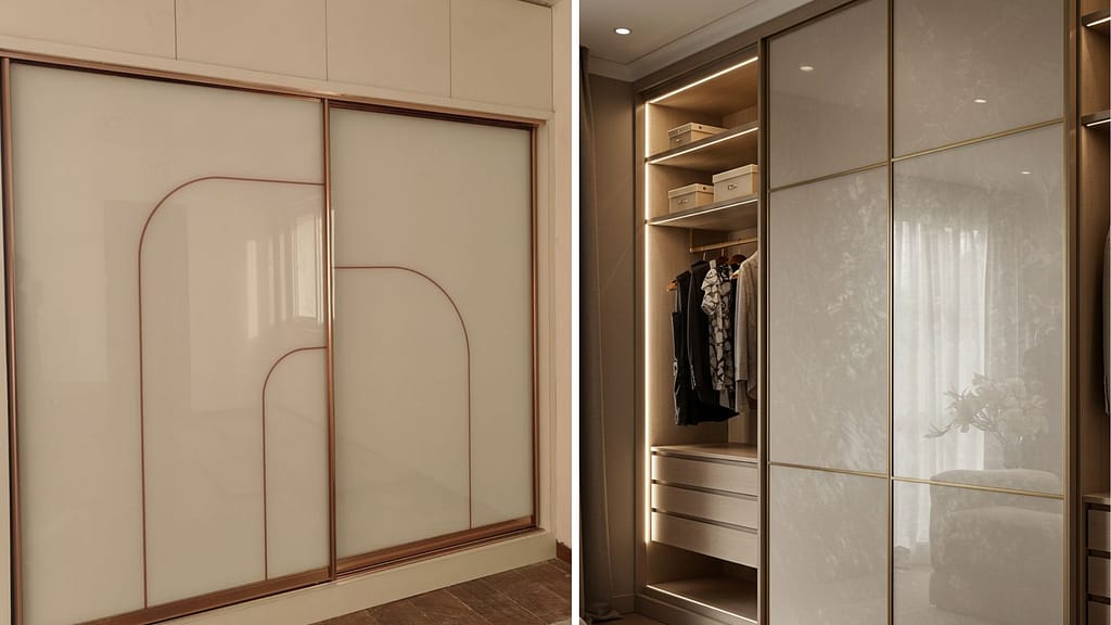 Sliding wardrobe with reflective glossy finish for small apartment bedroom