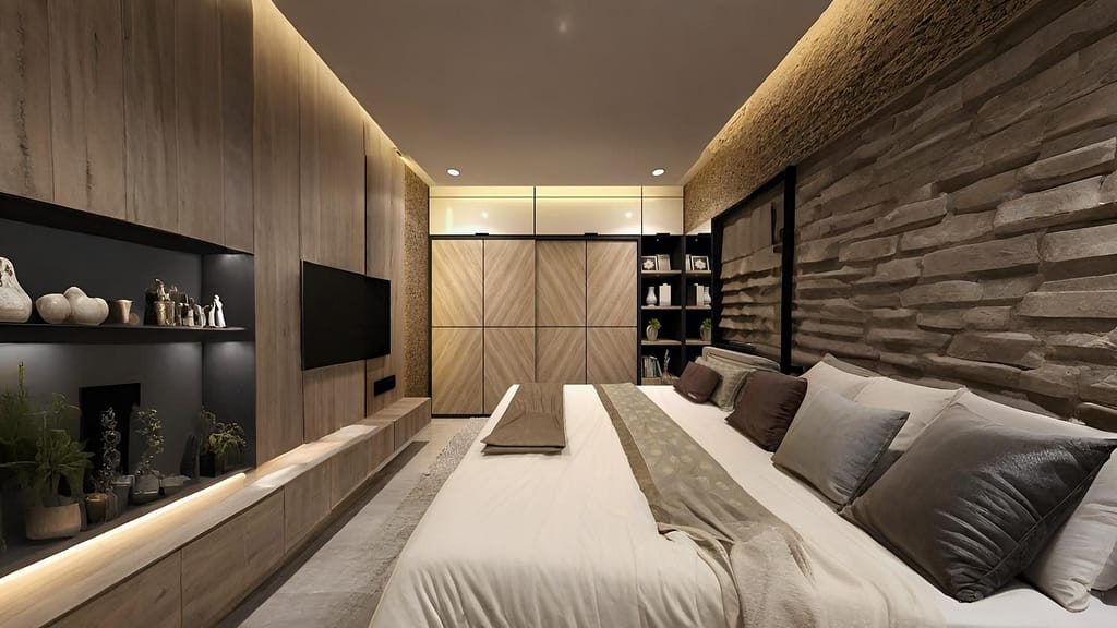 Modern sliding wardrobe with bed integration for small apartment bedroom