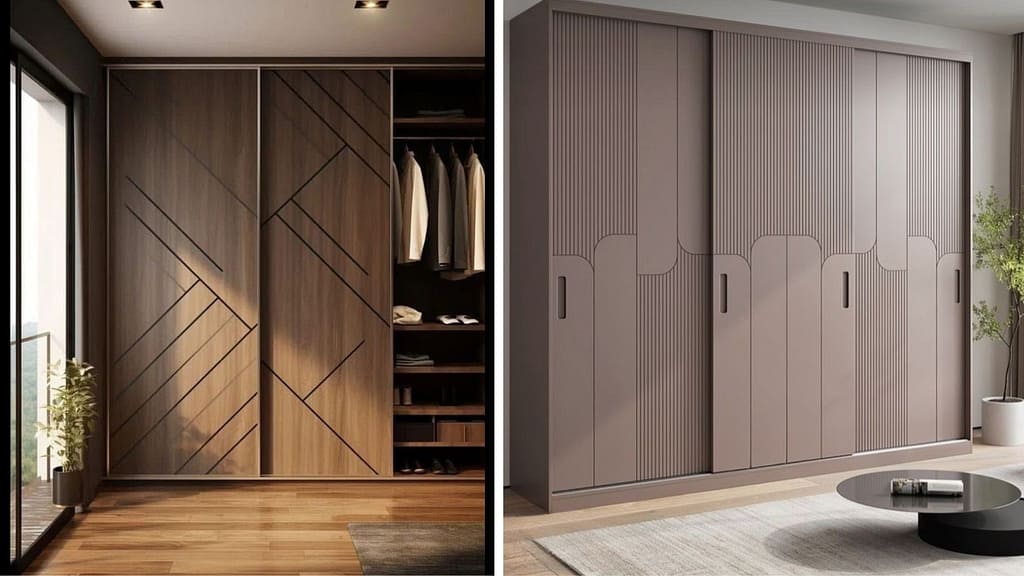 Sliding wardrobe with modern accent panels in a small apartment bedroom