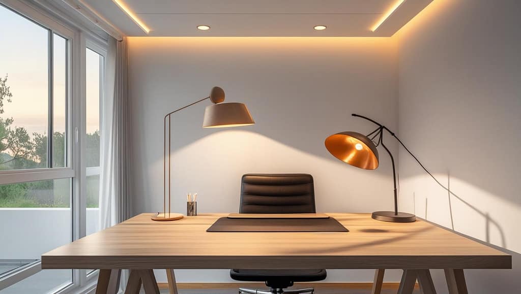 Minimalist Home Office with Modern Desk, Chair and Stylish Lamp