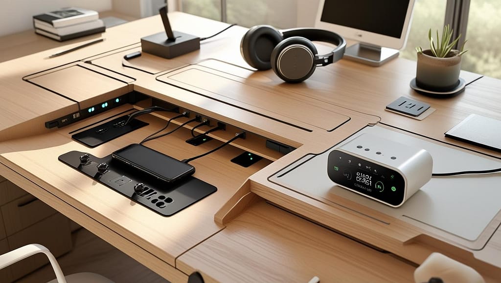 Modern Home Office Tech Setup with Smart Gadgets and Accessories