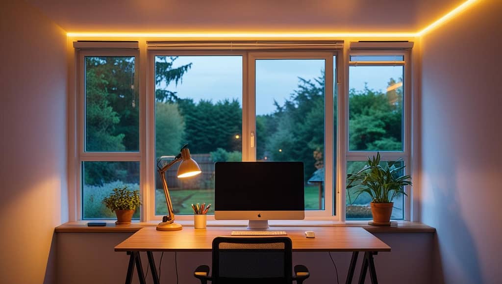 Modern Home Office Desk Lighting with Large Window View
