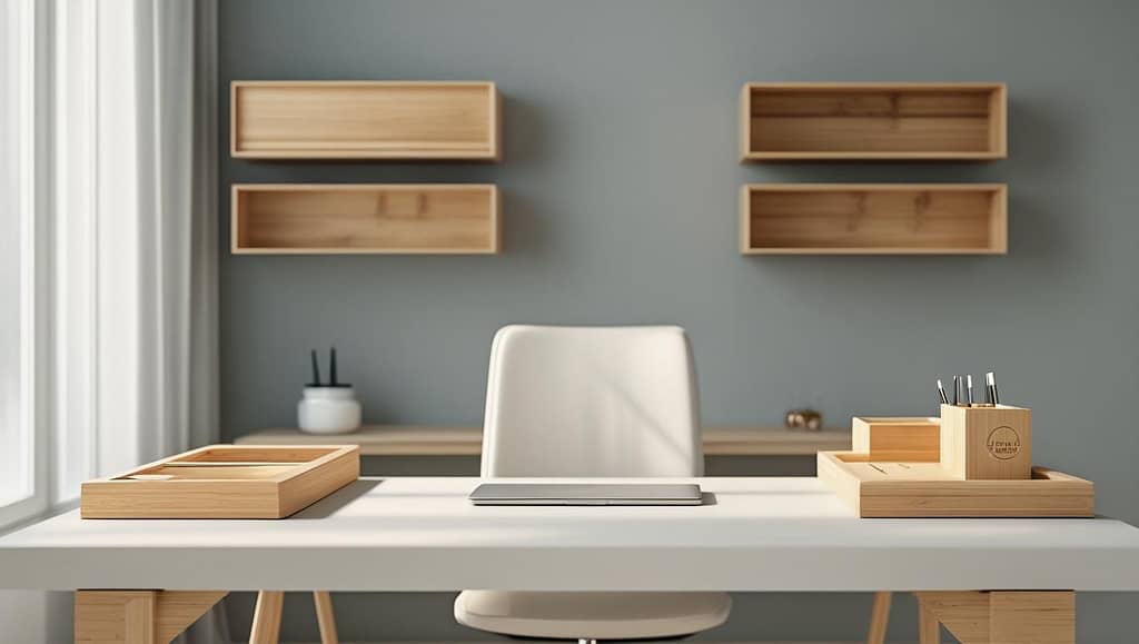 Minimalist Home Office with Wooden Shelves and Modern Desk Setup