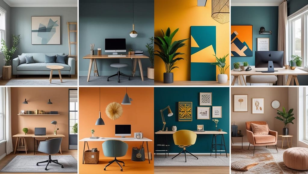 Modern Home Office with Colorful Walls and Open Shelves