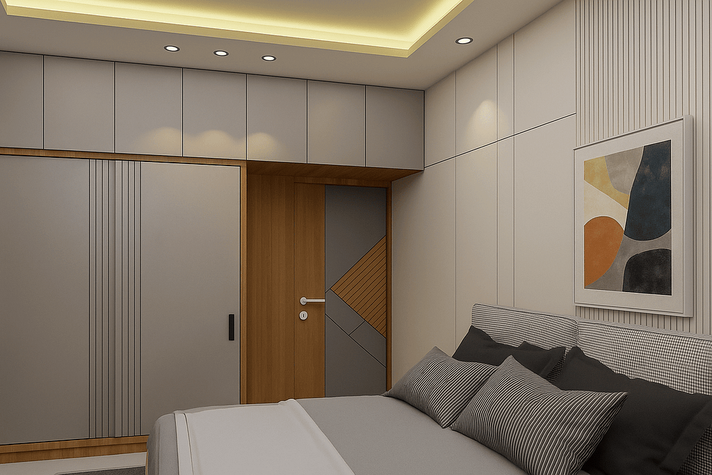 Sliding wardrobe with stylish lighting accents for small apartment bedroom